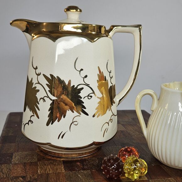 Vtg Price Bros Teapot Gold on  Cream Golden Grape Leaves Autumn Ceramic Lidded - Picture 1 of 13